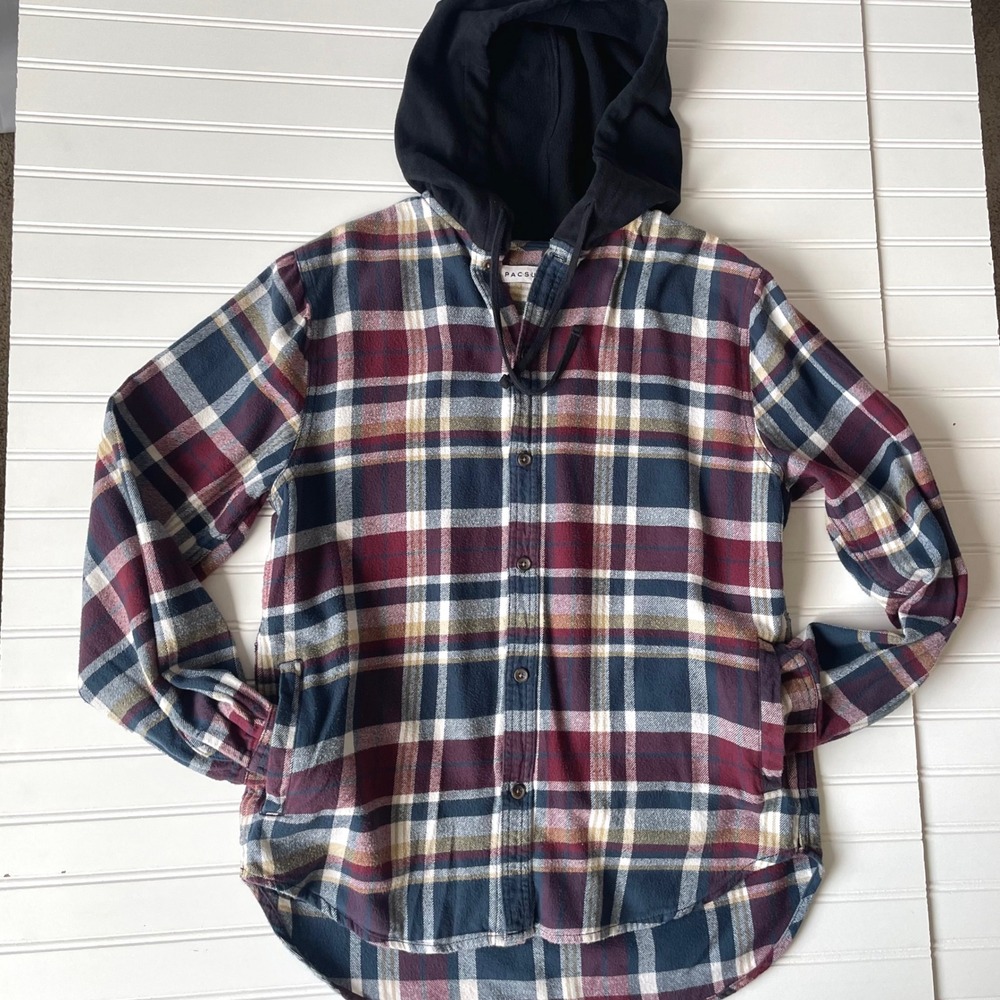 PacSun Flannel Shirt Jacket Hood Men Sz M Plaid 90s Grunge Shacket Indie Skater